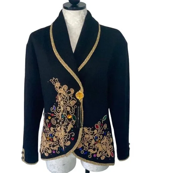 Diane Freis Vintage Womens Sweater Jacket Size M L Black Beaded Jeweled Wool